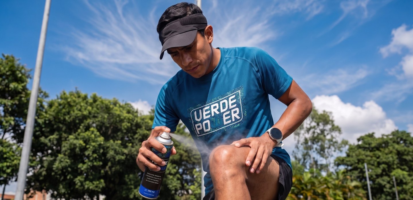 Corredor aplicándose el Aerosol VerdePower directamente en la rodilla
