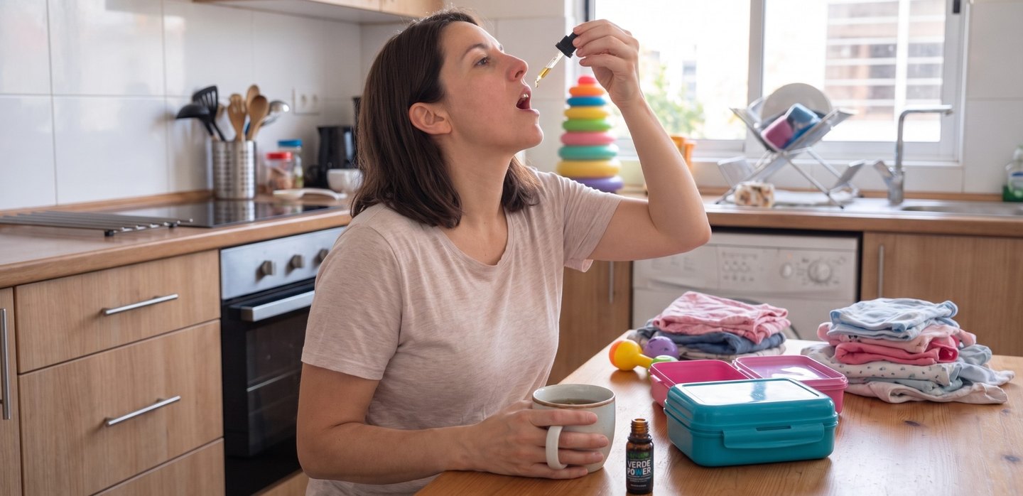 Mujer aplicándose las Gotas de CBD VerdePower de forma sublingual en la cocina
