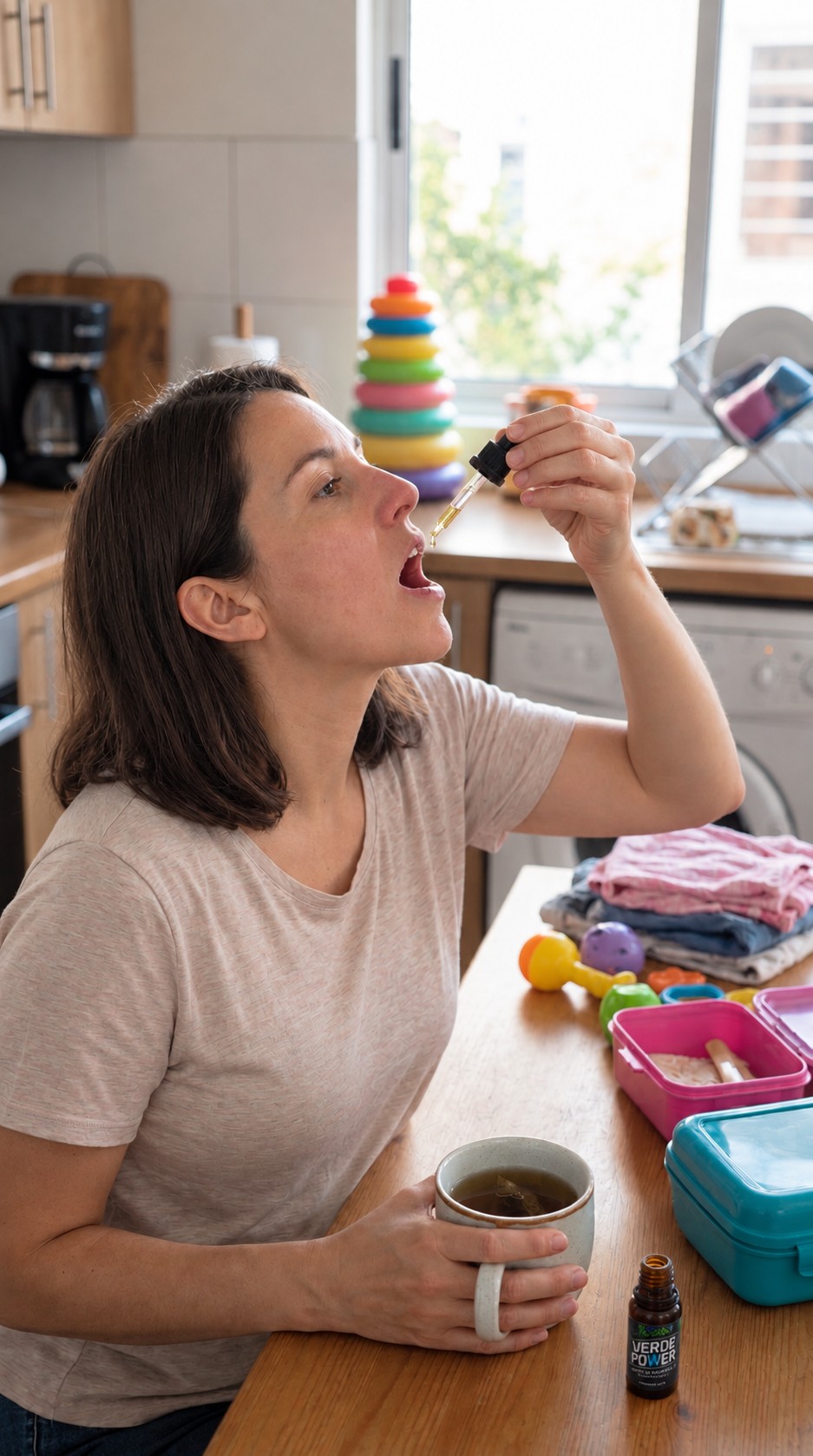Mujer aplicándose las Gotas de CBD VerdePower de forma sublingual en la cocina