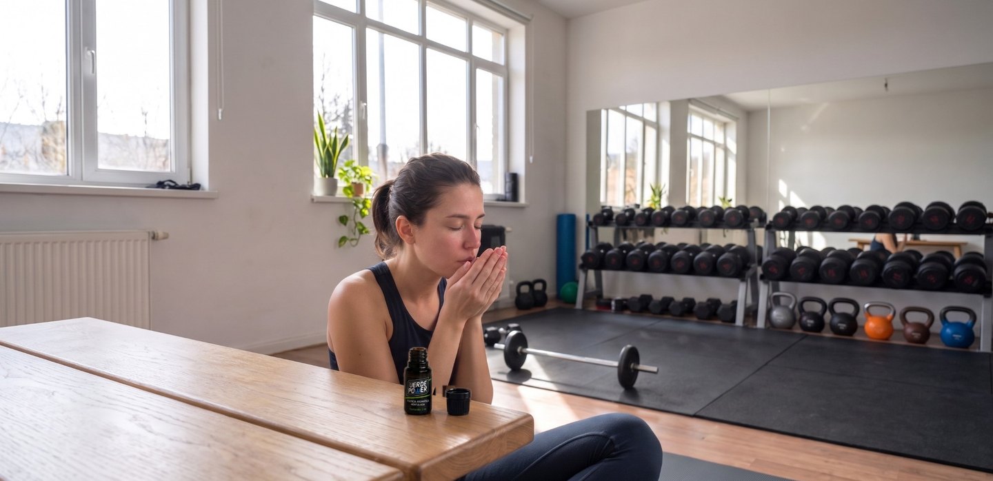 Mujer inhalando la Esencia Mentolada VerdePower en las manos antes de entrenar