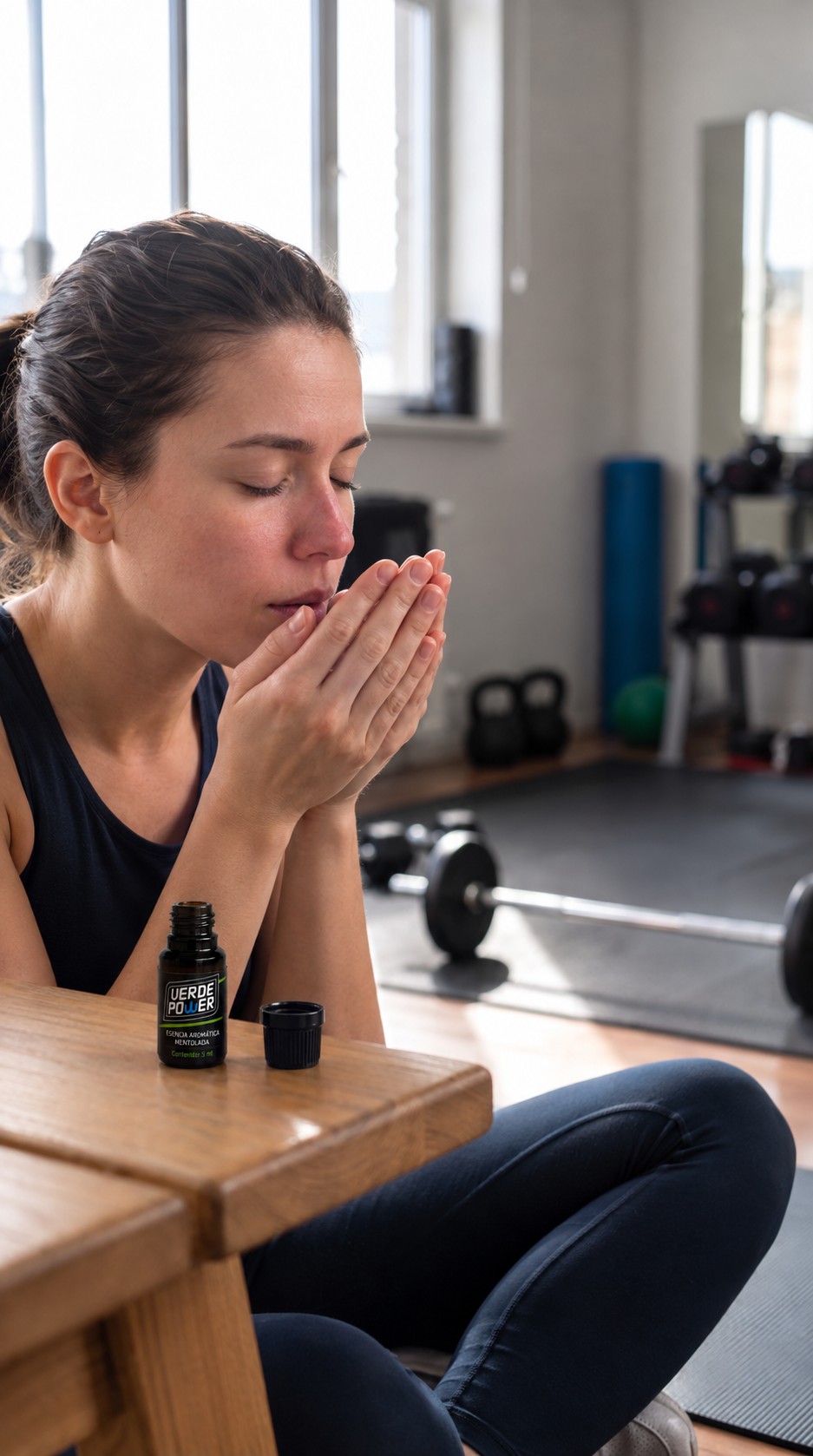 Mujer inhalando la Esencia Mentolada VerdePower en las manos antes de entrenar