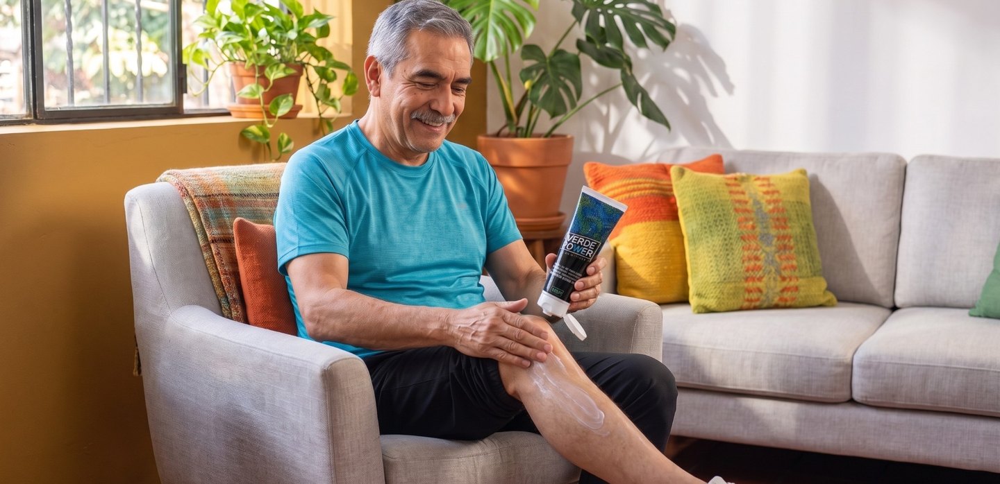 Persona de la tercera edad aplicándose el Gel VerdePower en la rodilla