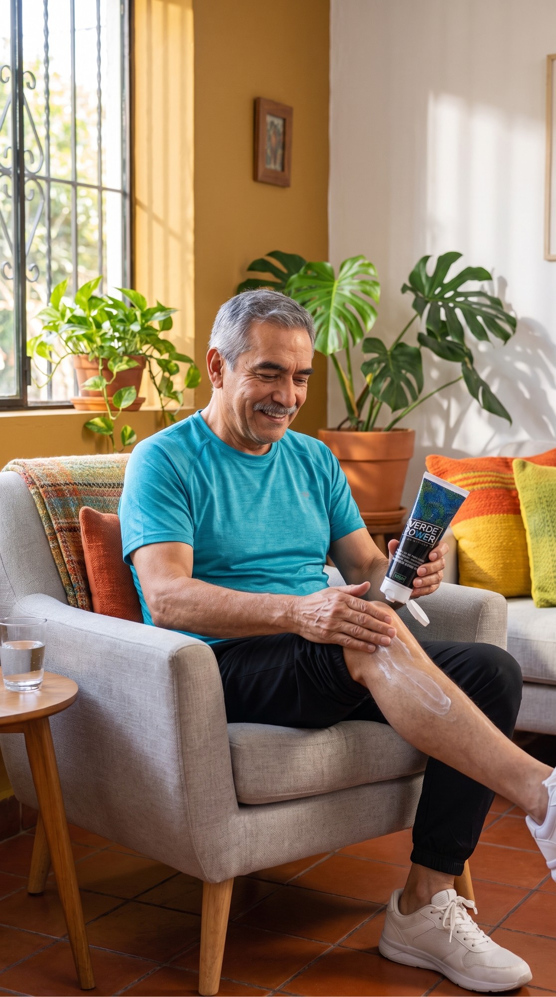 Persona de la tercera edad aplicándose el Gel VerdePower en la rodilla