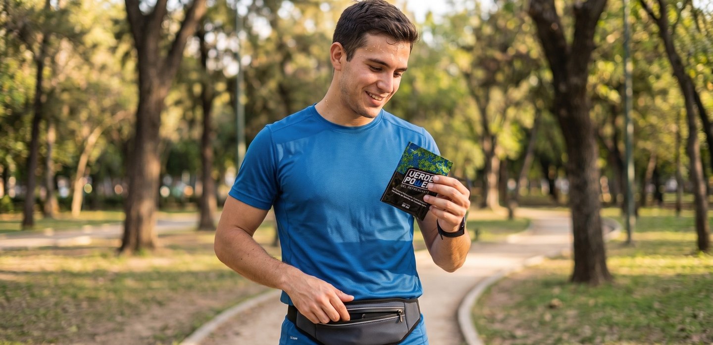 Corredor sacando un sachet de Gel VerdePower de su canguro deportivo