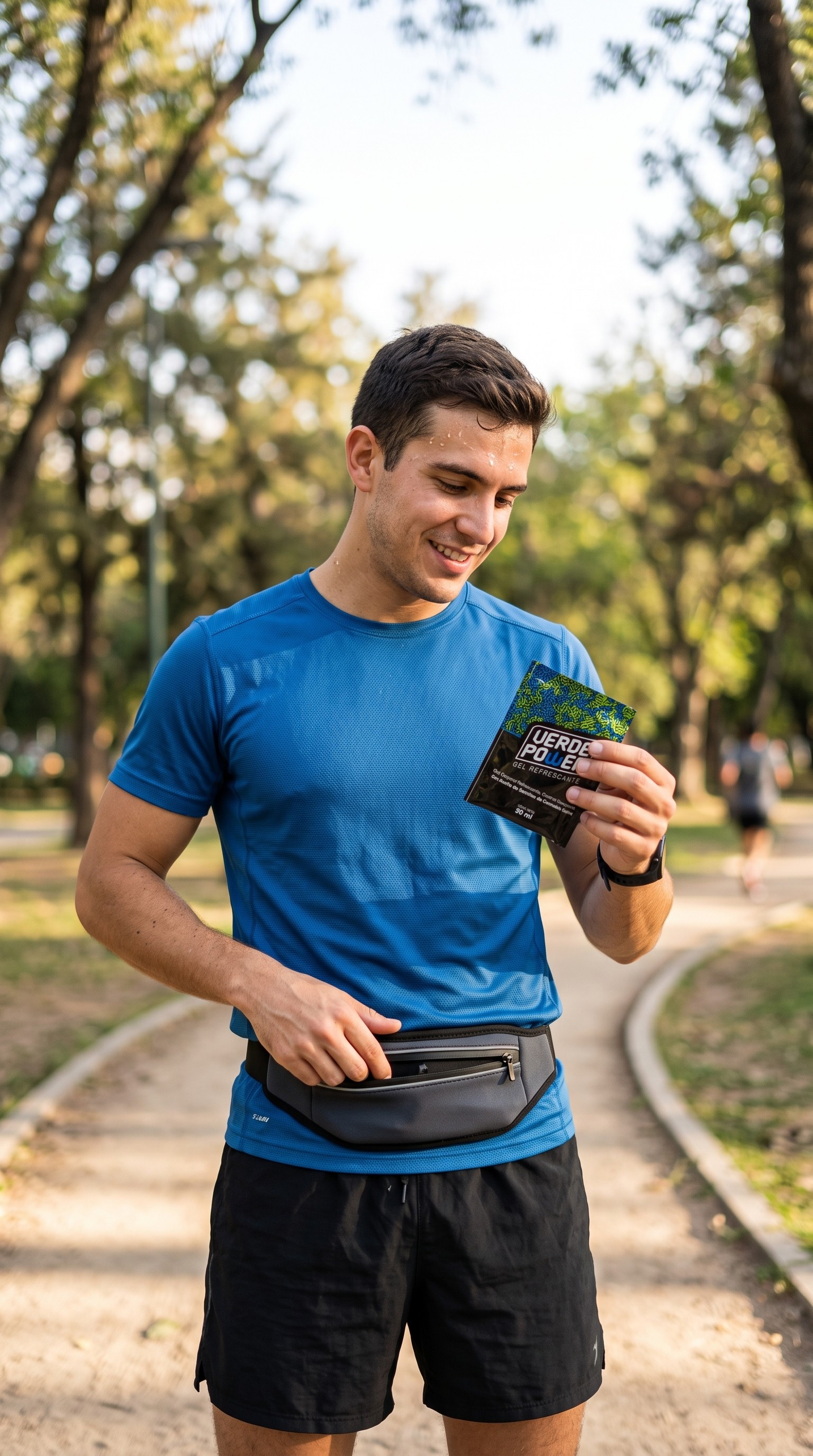 Corredor sacando un sachet de Gel VerdePower de su canguro deportivo